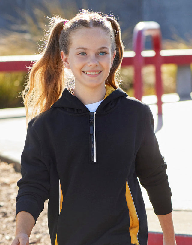 Smiling girl wearing a black and gold quarter-zip sports hoodie – ideal for school and club uniforms, custom teamwear, and active kids’ apparel with logo branding options in Australia.