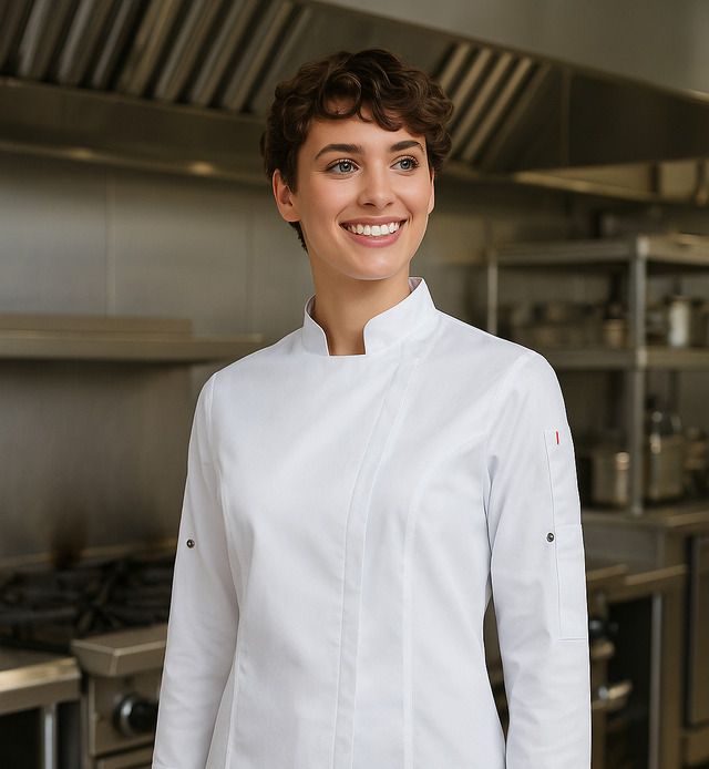 Smiling female chef wearing a crisp white chef jacket in a commercial kitchen – ideal for custom hospitality uniforms, restaurant staff apparel, and professional kitchen branding in Australia.