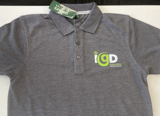 Dark grey polo shirt featuring the iGreenData logo embroidered on the chest in white and green, displayed flat with a green swing tag attached.