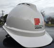 White hard hat with the Perception Windows logo printed on the front, featuring a red square window icon and black text.