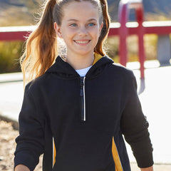 Smiling girl wearing a black and gold quarter-zip sports hoodie – ideal for school and club uniforms, custom teamwear, and active kids’ apparel with logo branding options in Australia.