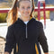 Smiling girl wearing a black and gold quarter-zip sports hoodie – ideal for school and club uniforms, custom teamwear, and active kids’ apparel with logo branding options in Australia.