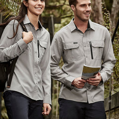 Man and woman walking outdoors in custom grey long-sleeve work shirts and navy shorts – ideal for custom branded work shirts with no minimum order, designed for tradies and outdoor teams in Australia.