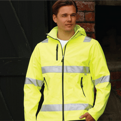 **Alt Text:** Male worker wearing high visibility yellow safety jacket with reflective tape – custom printed hi-vis outerwear with free logo included, compliant with AS/NZS standards.