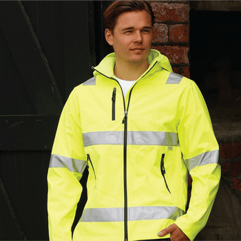 **Alt Text:** Male worker wearing high visibility yellow safety jacket with reflective tape – custom printed hi-vis outerwear with free logo included, compliant with AS/NZS standards.