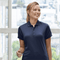 **Alt Text:** Smiling woman wearing navy custom polo shirt – personalised uniform with free printed logo included, ideal for workwear and team branding.