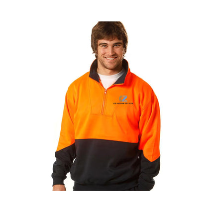 Man wearing a Hi Vis orange and navy half-zip fleece sweater with company logo, suitable for day use safety workwear.