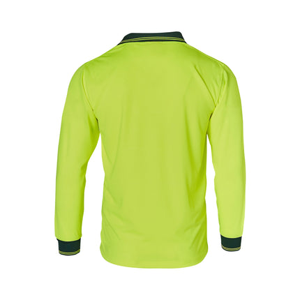 Back view of hi-vis long sleeve polo in fluoro yellow with green collar and cuffs – lightweight CoolDry workwear, ideal for custom logo printing by My Uniform Shop