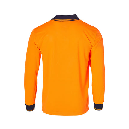 Back view of hi-vis long sleeve polo in fluoro orange with navy collar and cuffs – CoolDry fabric, ideal for day use workwear, available with custom printing from My Uniform Shop