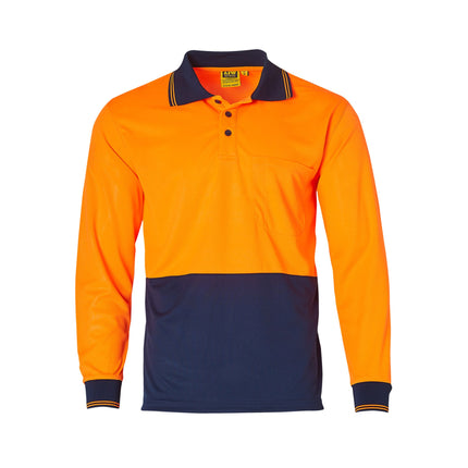 Front view of hi-vis long sleeve polo in fluoro orange with navy lower half – CoolDry mesh fabric, Class D day use compliant, available with custom logo print from My Uniform Shop