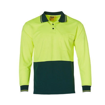 Front view of hi-vis long sleeve safety polo in yellow and bottle green – CoolDry mesh fabric, Class D compliant, available with custom logo printing from My Uniform Shop