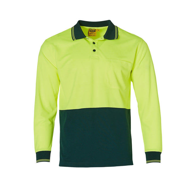 Front view of hi-vis long sleeve safety polo in yellow and bottle green – CoolDry mesh fabric, Class D compliant, available with custom logo printing from My Uniform Shop