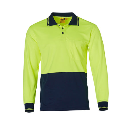 Front view of hi-vis long sleeve polo in fluoro yellow with navy contrast – breathable CoolDry fabric, day use safety compliant, custom branded by My Uniform Shop