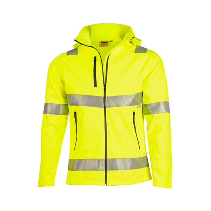 High-visibility yellow softshell work jacket with reflective tape, includes free printed logo – My Uniform Shop