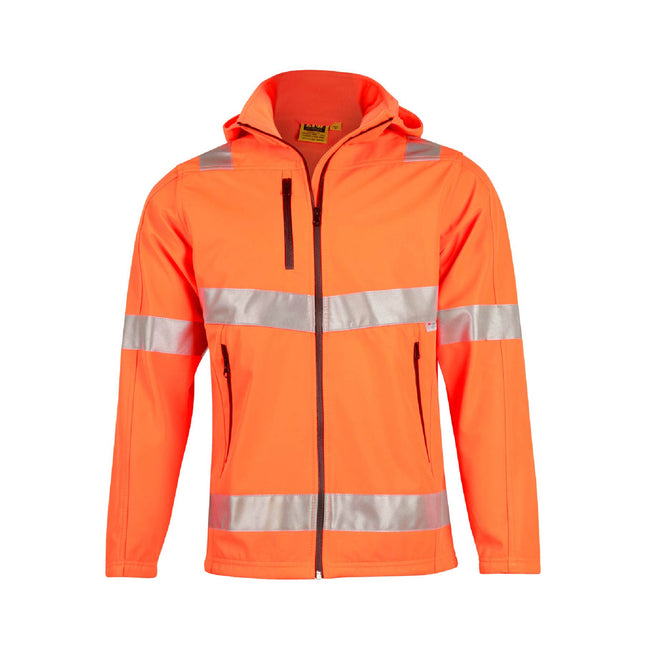 High-visibility orange softshell work jacket with reflective tape, includes free printed logo – My Uniform Shop