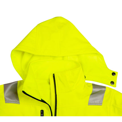 Close-up of high-visibility yellow softshell jacket showing detachable hood and reflective shoulder tape – My Uniform Shop