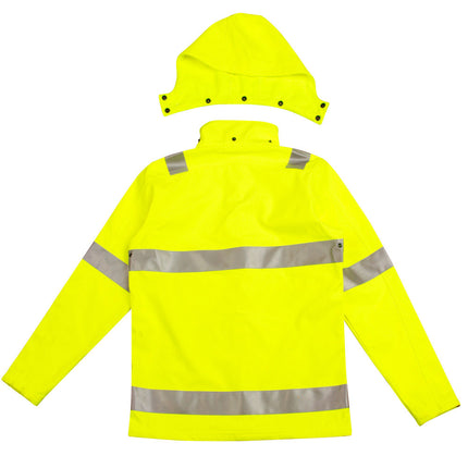 Back view of high-visibility yellow softshell work jacket with reflective tape and detachable hood – My Uniform Shop