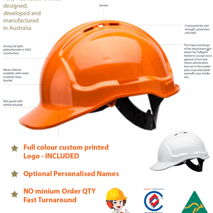 A Tuffgard orange hard hat color containing specs like : full color printed logo, personalised names, no minimum order quantity and fast turn around time.