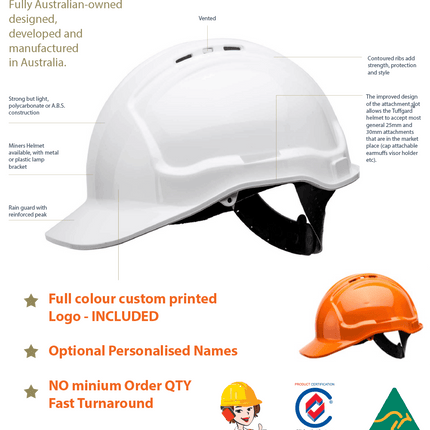 A Tuffgard white hard hat color containing specs like : full color printed logo, personalised names, no minimum order quantity and fast turn around time.