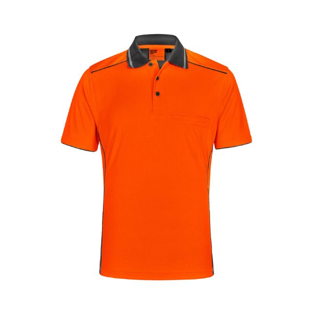 Eco-friendly bamboo charcoal hi-vis polo shirt in orange with black contrast collar and shoulder piping – breathable, anti-bacterial, no minimum order