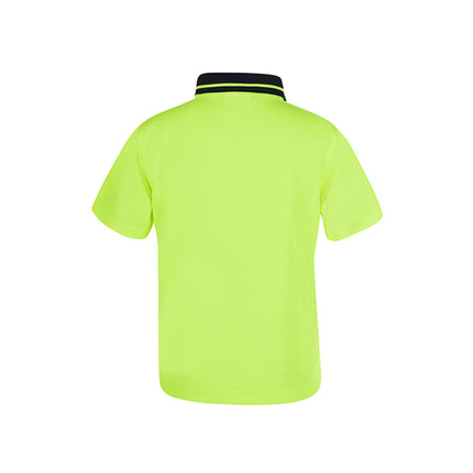 Back view of kids and infants hi-vis polo shirt in fluorescent yellow with black contrast collar – ideal for custom branding from My Uniform Shop