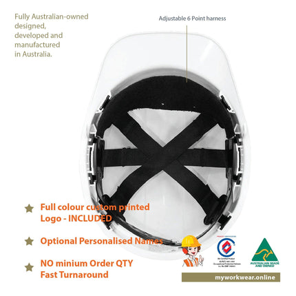 Interior view of the tuffgard hardhat that have a adjustable 6 point harness. 