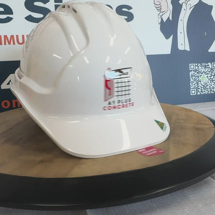 A video demo of a spinning white hard hat.